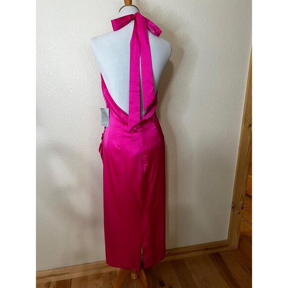 Milly Nicolette Womens Hot Pink Halter Ruched Satin Midi Dress Chic NEW 10 - Picture 4 of 7